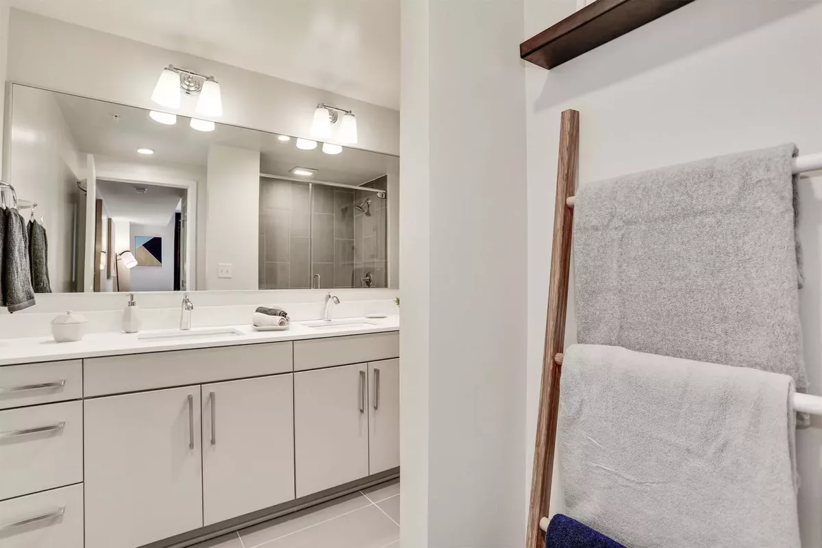 Bathroom with double vanity, mirrors, tiled shower, and towel ladder.