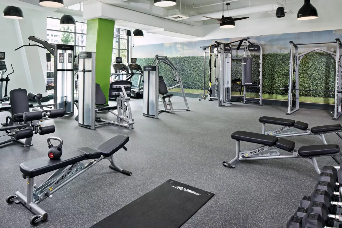 Modern gym with weight machines, benches, mirrors, and rubber flooring.