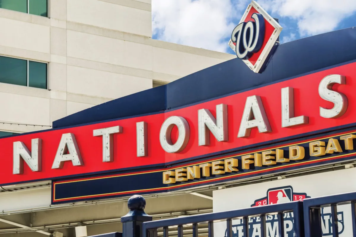 Nationals Park entrance sign with bold lettering and stadium facade.