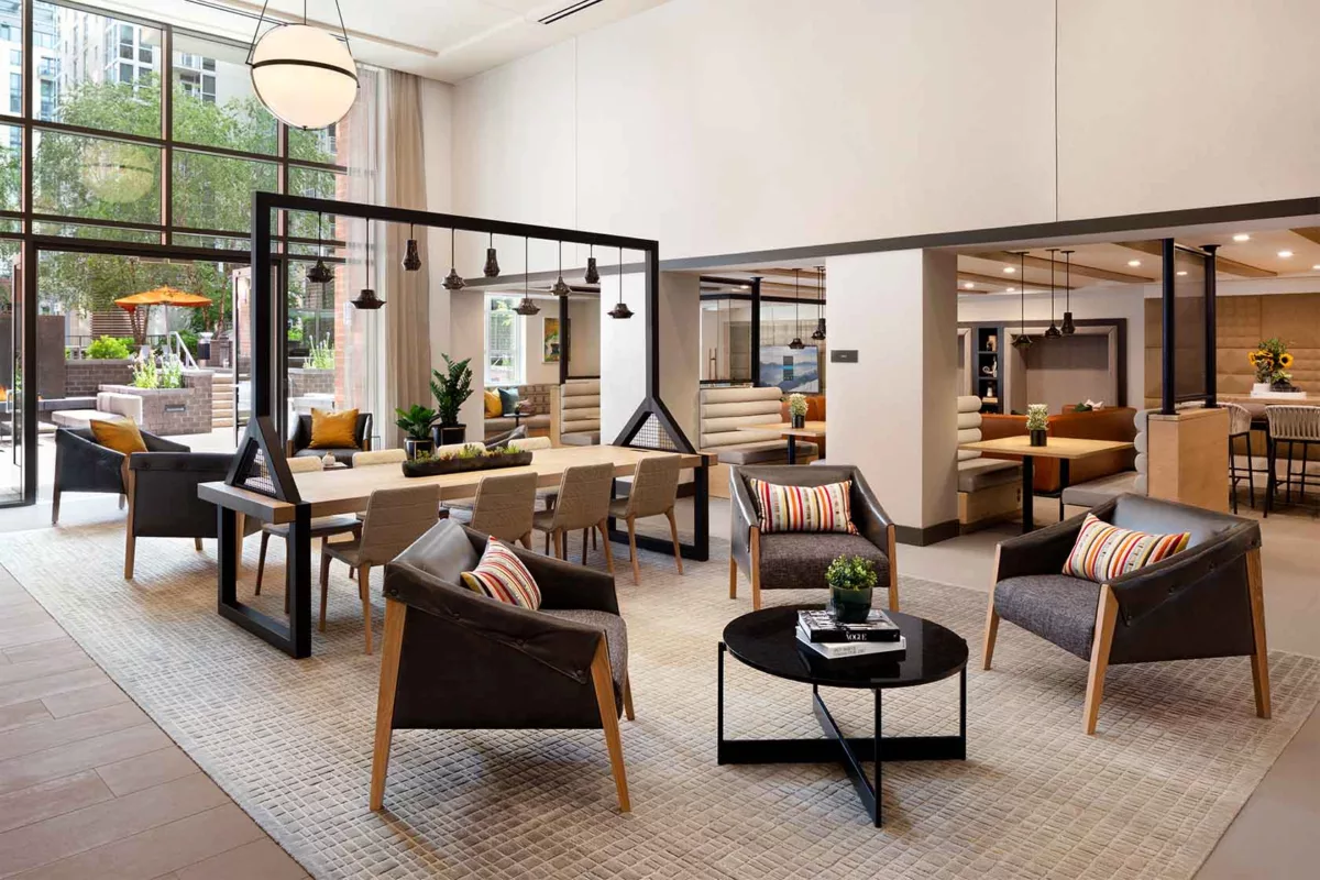 Light-filled lobby of Parc Riverside West