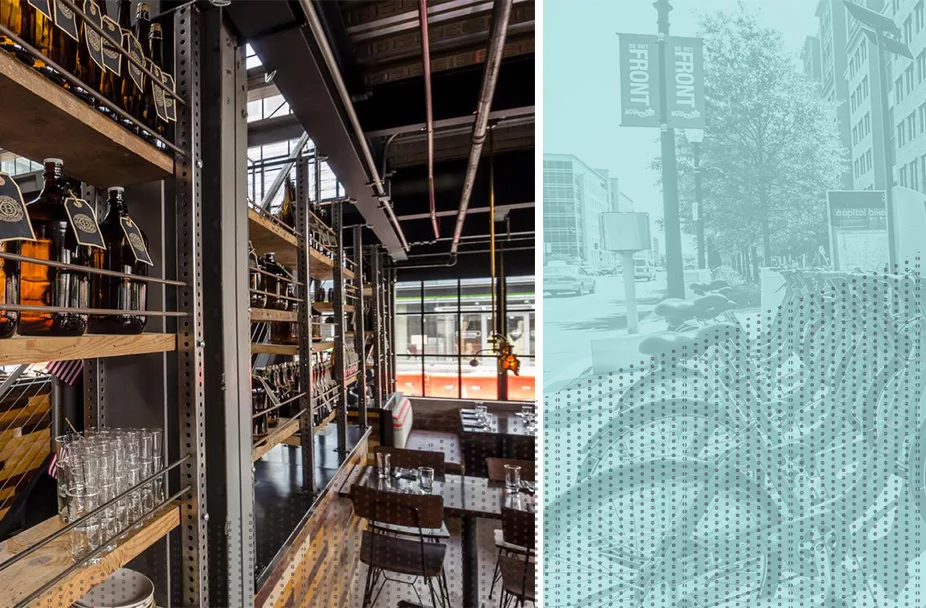 split image with the interior of Bluejacket Brewery on the left and a photo of a street in Navy Yard DC with a Capital Bikeshare station in the foreground and photo overlaid with teal and a gray polka dot pattern